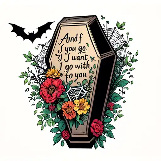 coffin and the writing "And if you go, I want to go with you." Add flowers, a bat, spider webs and a wedding ring set tattoo design idea