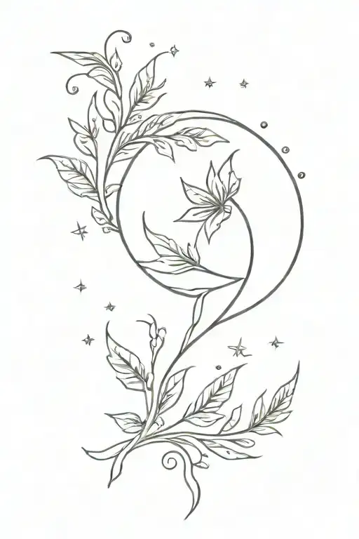 half moon, magic wand with sparkles and laurel leaf minimal tattoo design tattoo design idea