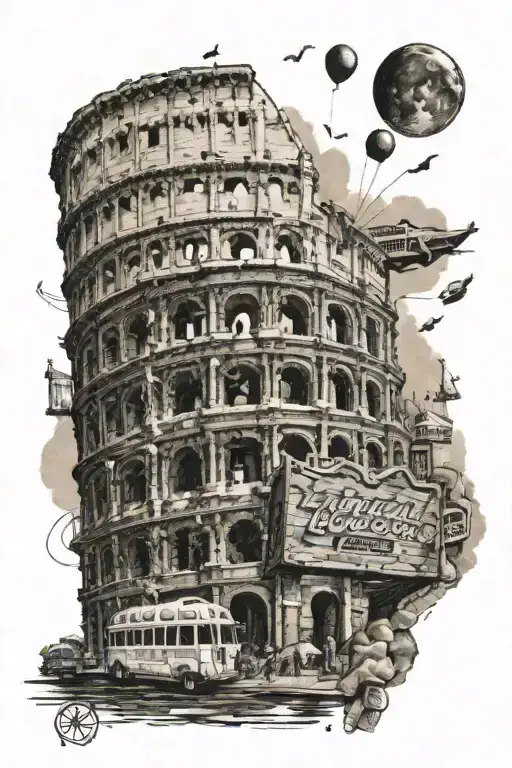 Tattoo which combines the colosseum, manhattan, nashville broadway bars , las vegas landmarks, hollywood  sign and niaga tattoo design idea