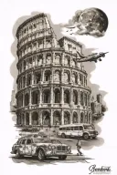 Tattoo which combines the colosseum, manhattan, nashville broadway bars , las vegas landmarks, hollywood  sign and niaga tattoo design idea