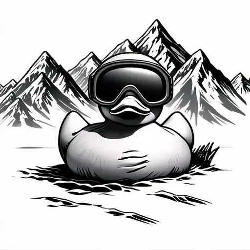 rubber ducky with ski googles wit mountains tattoo design idea