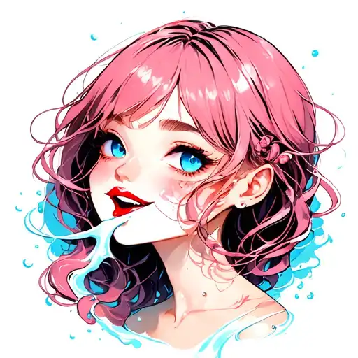 smiling girl, blue eyes, pink hair, red lips, milked spilling from mouth tattoo design idea
