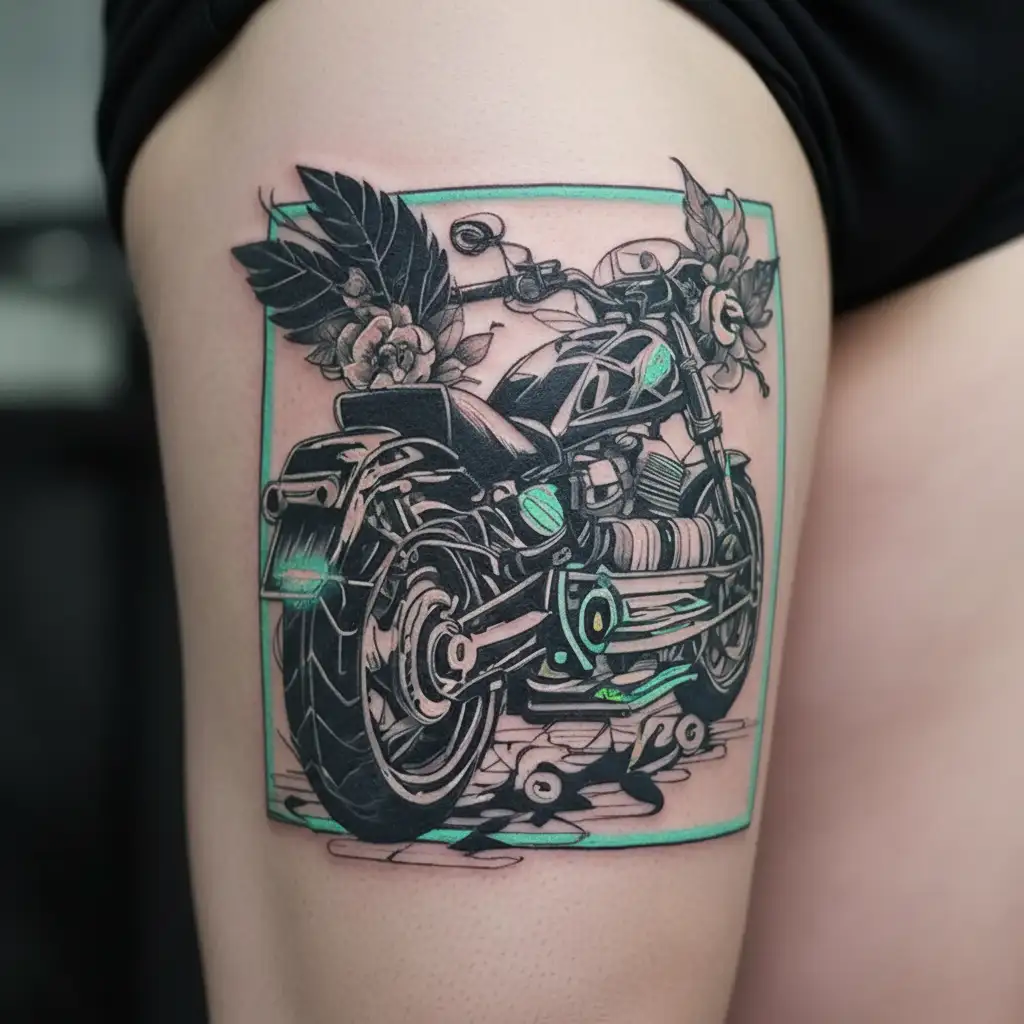 Motorbike and books growing as flowers tattoo design idea