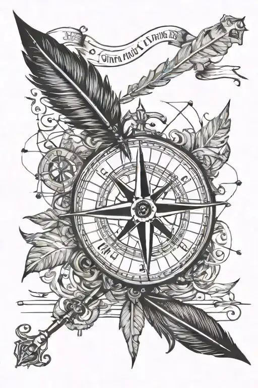 A vintage map with a compass rose and a feather quill pen intertwined, symbolizing a love for travel and writing tattoo design idea