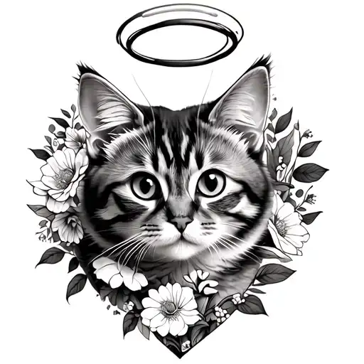 short hair tabby cat with halo in a floral heart. tattoo design idea