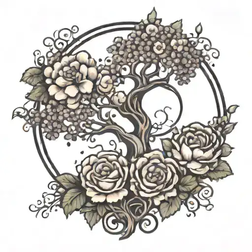  a circle with an infinity symbol includes a tree of life with the wanning gibbous moon phase with carnations add 1 eigh tattoo design idea