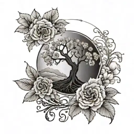  a circle with an infinity symbol includes a tree of life with the wanning gibbous moon phase with carnations add 1 eigh tattoo design idea