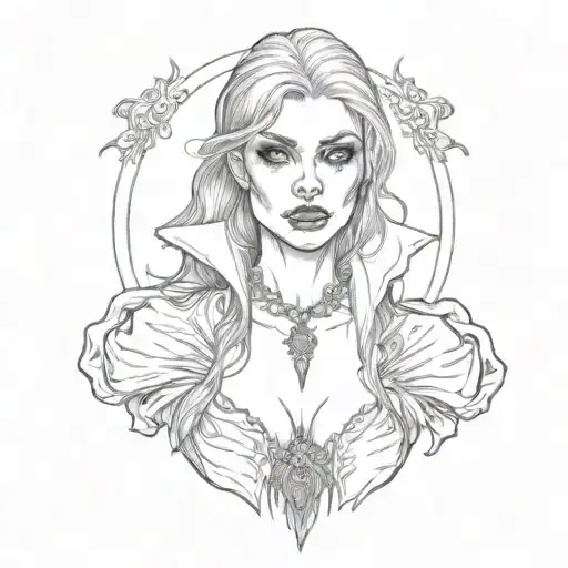 female vampire side facing with a broach and large cleavage tattoo design idea
