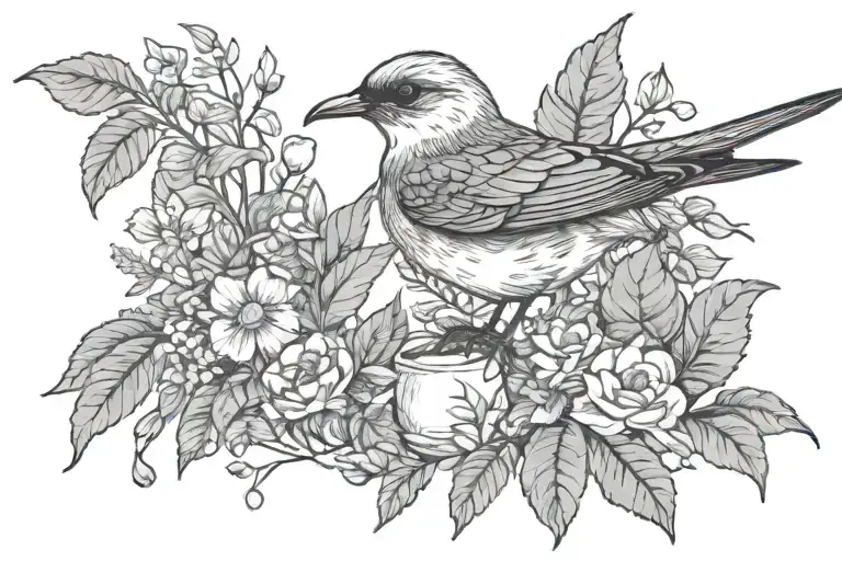 robin and gannet and pufffin and houseplants and foliage and the sea tattoo design idea