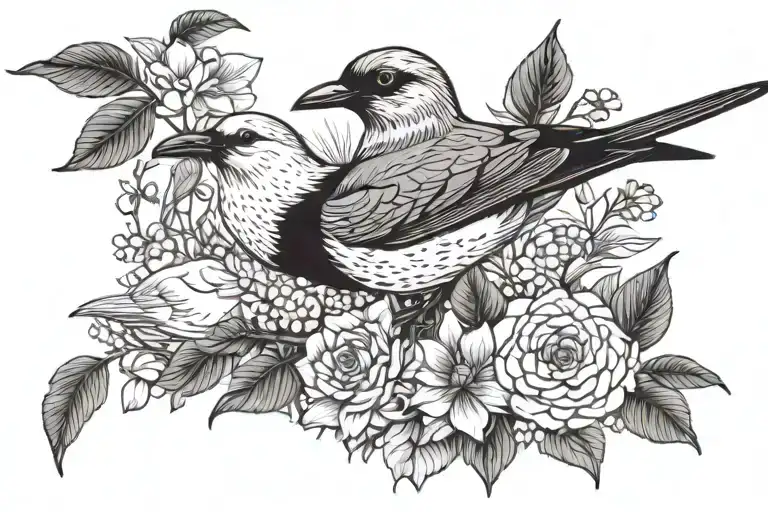 robin and gannet and pufffin and houseplants and foliage and the sea tattoo design idea