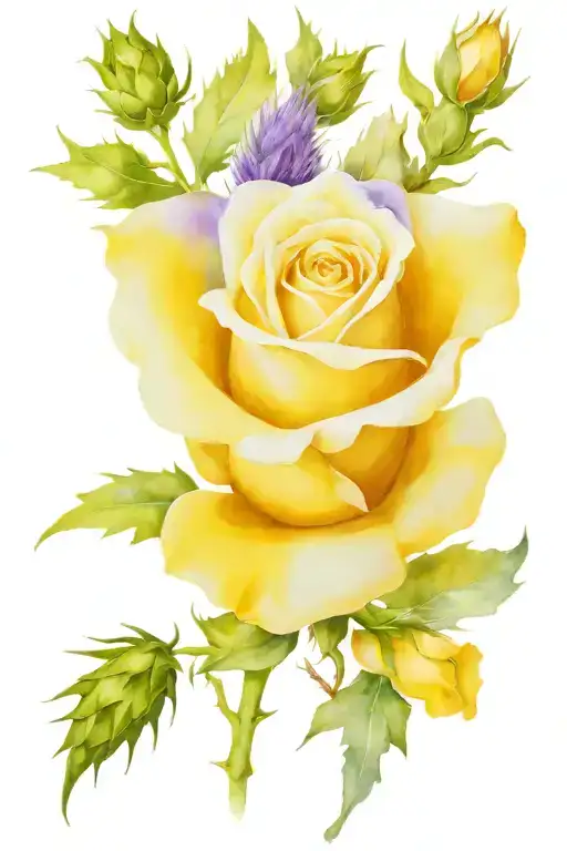 watercolor yellow rose, purple thistle,bluebonnet  tattoo design idea