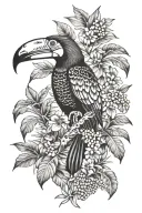 Tropical plant Adam's rib, toucan, macaw, jaguar tattoo design idea