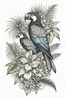 Tropical plant Adam's rib, toucan, macaw, jaguar tattoo design idea