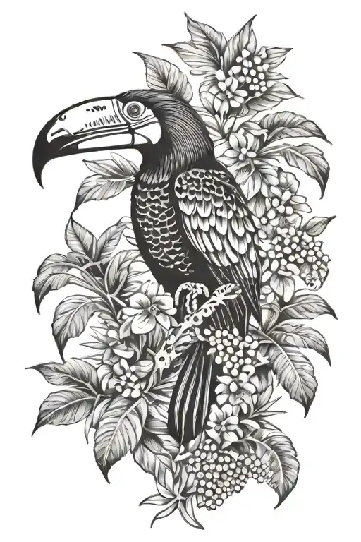 Tropical plant Adam's rib, toucan, macaw, jaguar tattoo design idea