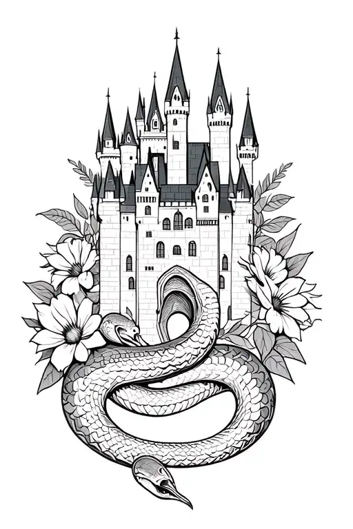 Hogwarts castle with snake and flowers as the background and put it in color. Feminine. tattoo design idea