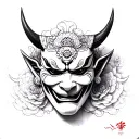 Black and white pencil sketch of a Hannya mask in realistic fine art style, with smooth shading and clean lines tattoo design idea