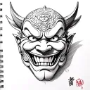 Black and white pencil sketch of a Hannya mask in realistic fine art style, with smooth shading and clean lines tattoo design idea