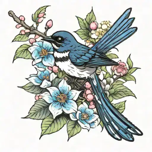 willie-wagtail bird in black holding a singular zelda flower (some blue/colour highlights (not too vibrant) in flower). tattoo design idea