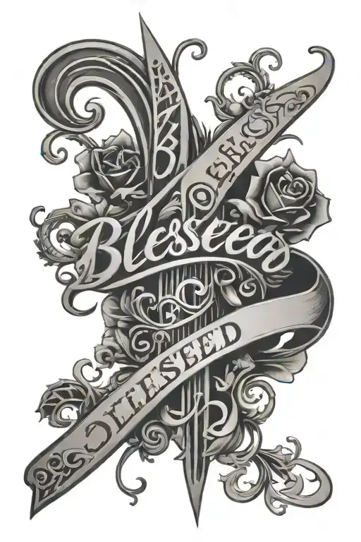 The word blessed in cursive on forearm going vertical with a nice background  tattoo design idea
