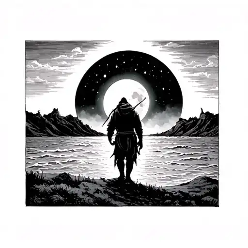 “A black-and-gray left arm sleeve showing a small hermit seen from behind, walking across a plain toward a moonlit ocean tattoo design idea