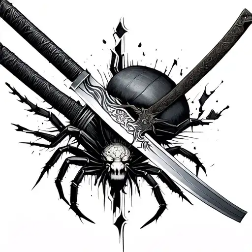 detailed katana sword with a broken blade and a spider crawling on the blade tattoo design idea