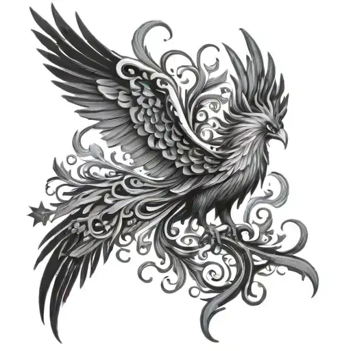 A reborn phoenix, its wings merging into patterns of galaxies and stars. The base of the phoenix can be a tree or roots tattoo design idea