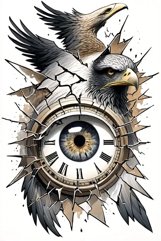 human eye with a broken clock around it with an eagle underneath tattoo design idea