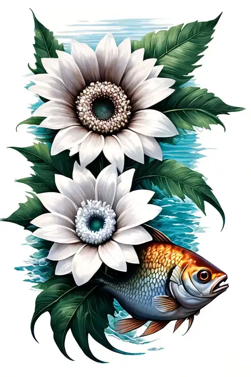 sunflowe, Lili flower, loto flower, coconut tree, ocean, fish tattoo design idea