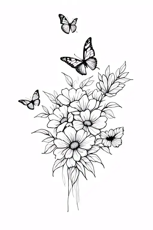 line work florals with butterflies  tattoo design idea