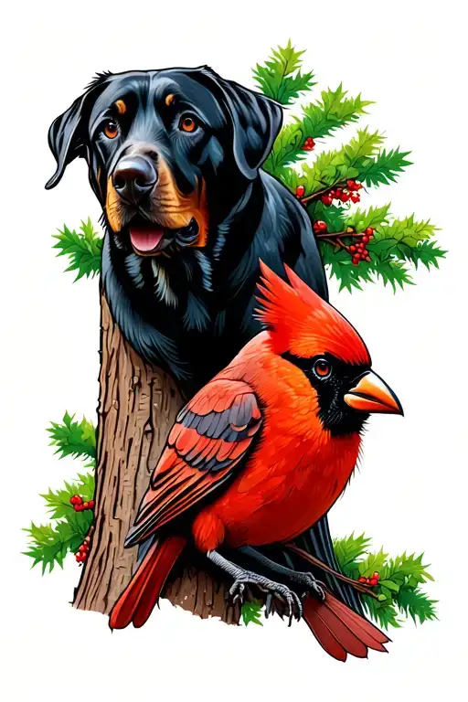 cardinal perched in redwood tree, black lab, waves crashing tattoo design idea