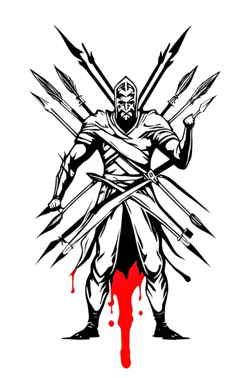 a warrior who receives stab wounds and arrows from bows, and while bleeding is still alive tattoo design idea