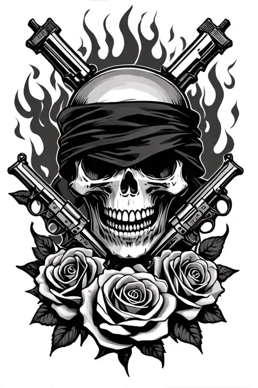 skull above two crosse pistols with a black bandanna over its face sourounden by roses on fire with smoke  tattoo design idea