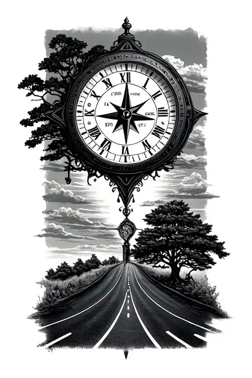 highway, clock, compass, Tree, Tattoo tattoo design idea