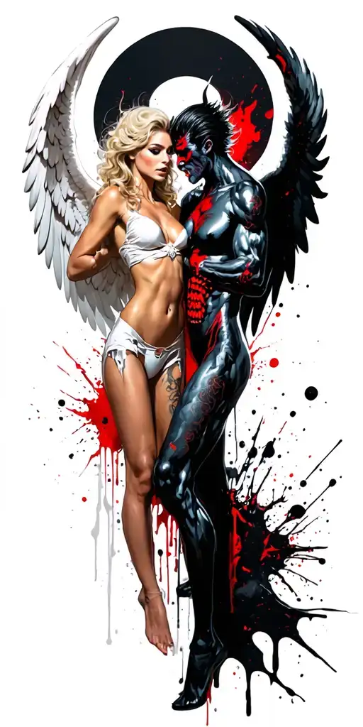 1 sexy angel in white vs. 1 sexy demon in black fighting tattoo design idea