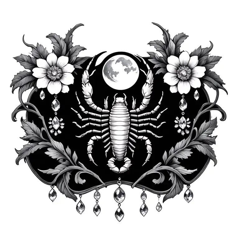 vines with flowers with dangling jewels with scorpion in the center with a moon above it tattoo design idea