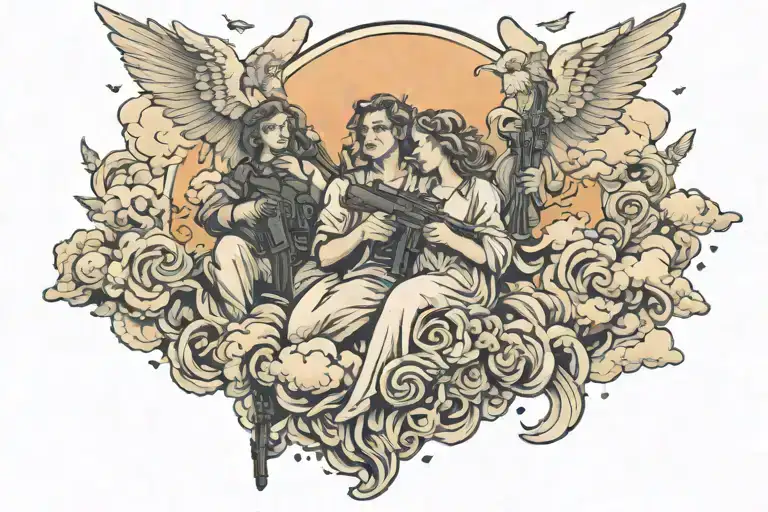 angels on a cloud over a sunset holding money and guns  tattoo design idea