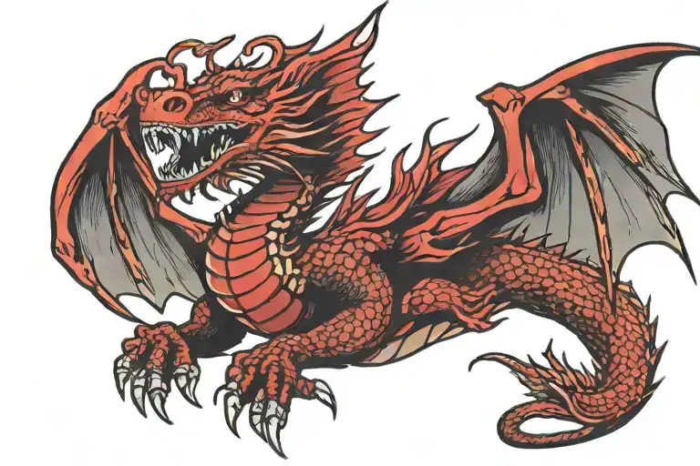 red flying dragon with large wingspan, viewed from the front tattoo design idea