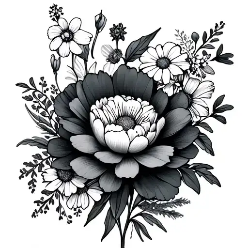 Cosmos, daffodil, larkspur, peony, and daisy black fine line bouquet tattoo tattoo design idea