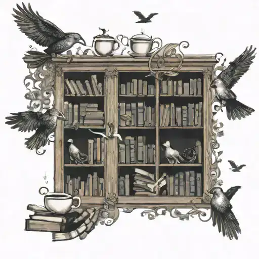 A library scene with shelves filled with Celtic books and a cup of coffee, while a flock of birds soar overhead in a swirling pattern tattoo design idea