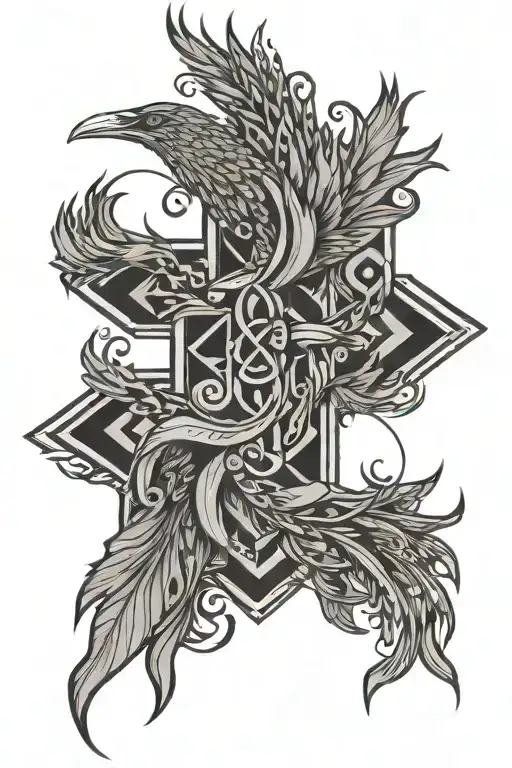 cross with symbol of rebirth fire phoenix tattoo design idea