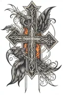cross with symbol of rebirth fire phoenix tattoo design idea