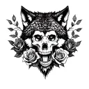 wolf wearing skull surrounded by roses tattoo design idea
