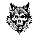 wolf wearing skull surrounded by roses tattoo design idea