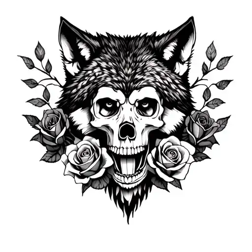 wolf wearing skull surrounded by roses tattoo design idea