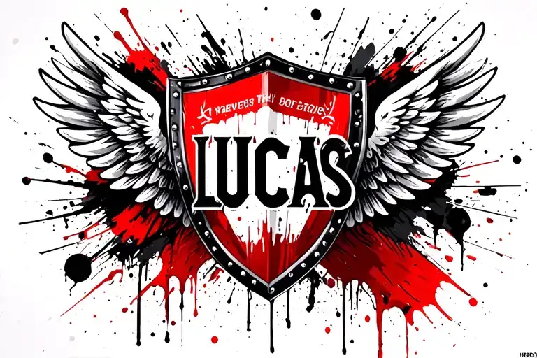 "Lucas" "Lucas" shield and wings with name banner tattoo design idea