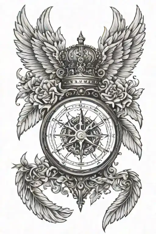 crown compass clock angel wings tattoo design idea