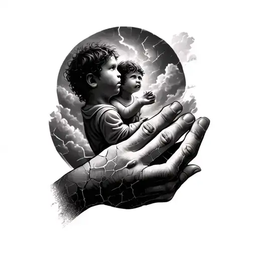 Black and grey realistic hand tattoo showing a lonely child, fading father figure in the sky, shadowy hands, cracked hea tattoo design idea