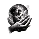 Black and grey realistic hand tattoo showing a lonely child, fading father figure in the sky, shadowy hands, cracked hea tattoo design idea