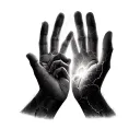 Black and grey realistic hand tattoo showing a lonely child, fading father figure in the sky, shadowy hands, cracked hea tattoo design idea