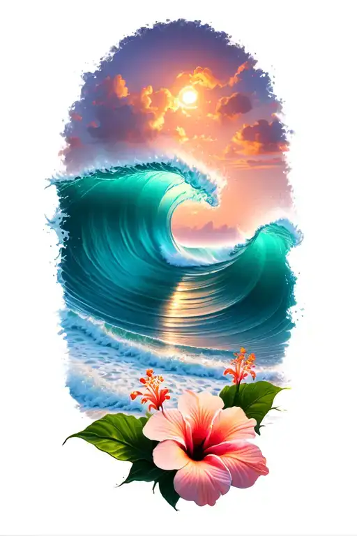 ocean waves crashing on the beach with small hibiscus on the bottom tattoo design idea